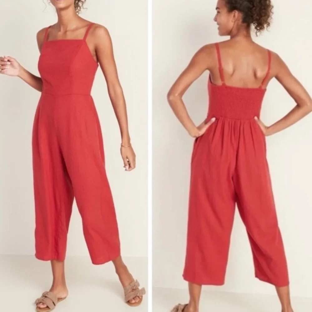 Old Navy Red Linen Blend Cami Jumpsuit Wide Leg Smocked Women Size XL